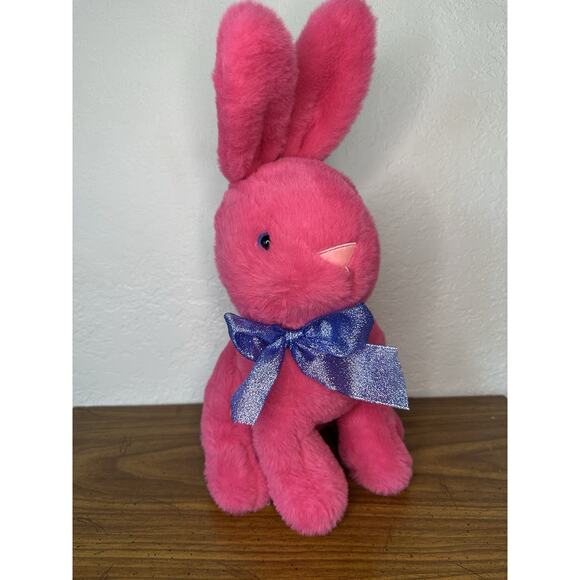 Animal Adventure Hot Pink Bunny 2025 Sitting Blue Bow Ribbon Eyes 14” Rabbit - Picture 1 of 5
